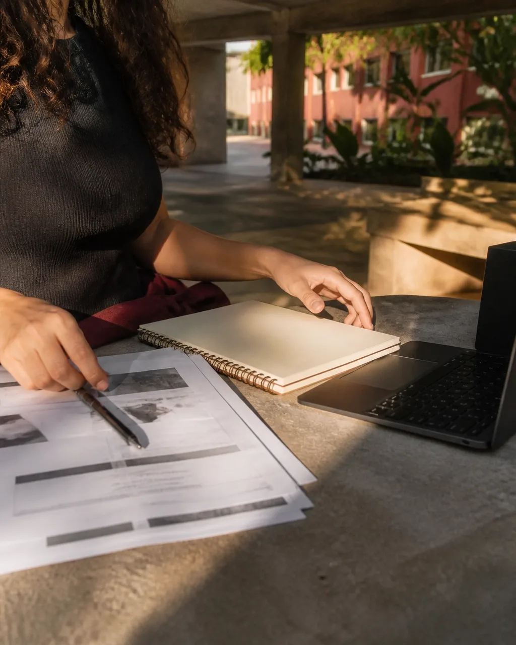 Caderno, laptop e materiais de estudo sobre uma mesa de concreto em um ambiente universitário