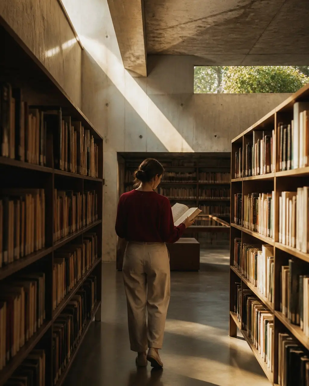 Pessoa em uma biblioteca modernista de concreto, lendo sob luz natural e sombras arquitetônicas
